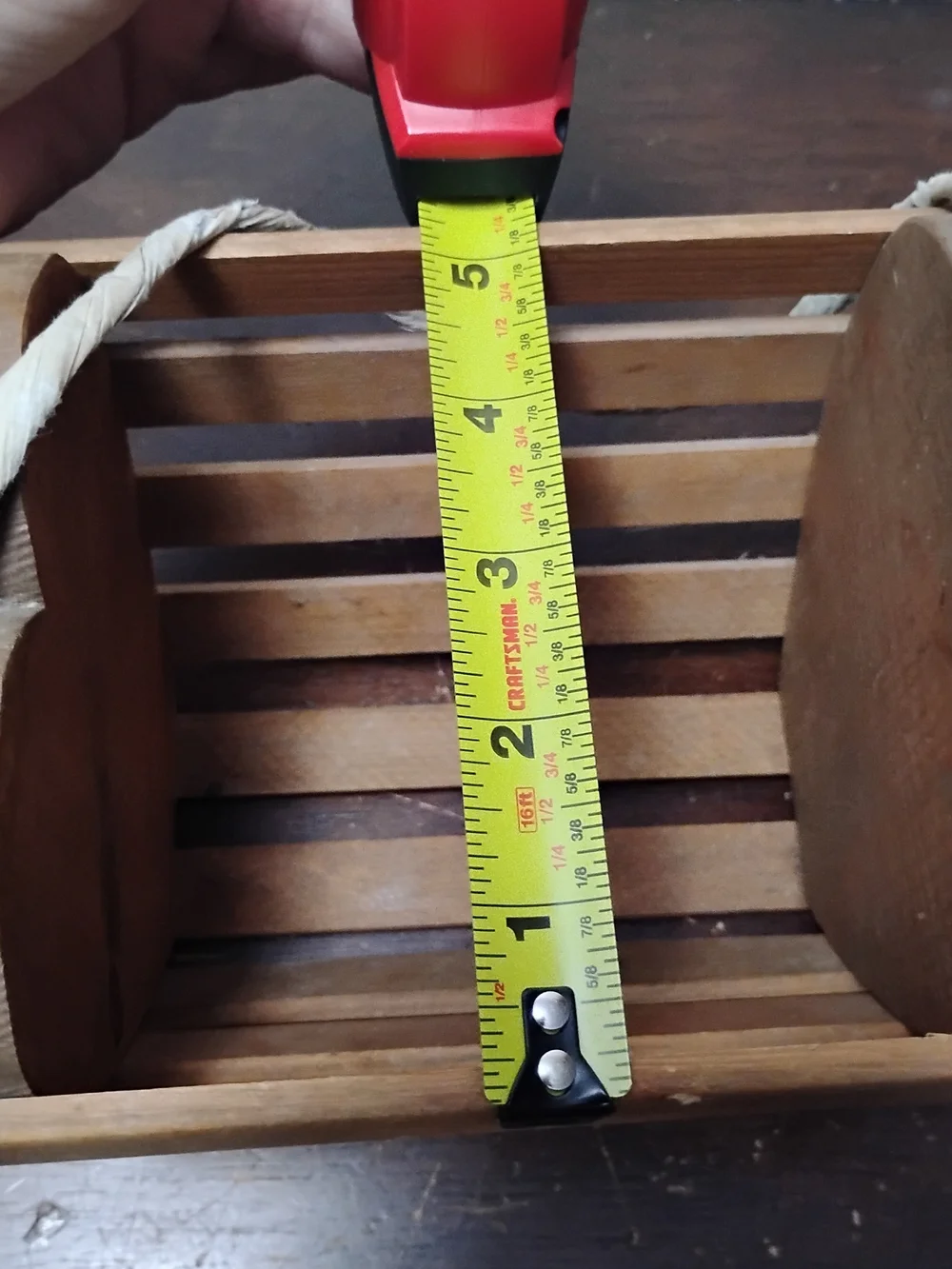 Primitive Wood Slatted Basket with Rope Handle 